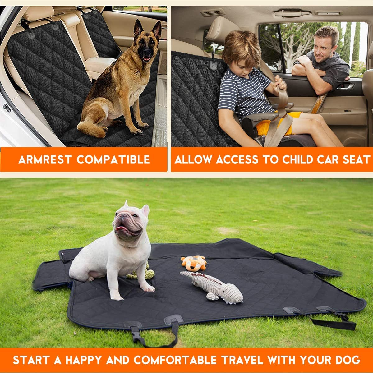 Waterproof Dog Car Seat Cover – Non-Slip Back Seat Protector with Middle Armrest Compatibility, Universal Fit for Cars, Trucks & SUVs – Black