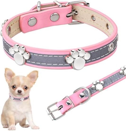Adjustable Reflective Leather Dog Collar with Paw Rivet – Durable Collar for Small, Medium & Large Dogs and Cats